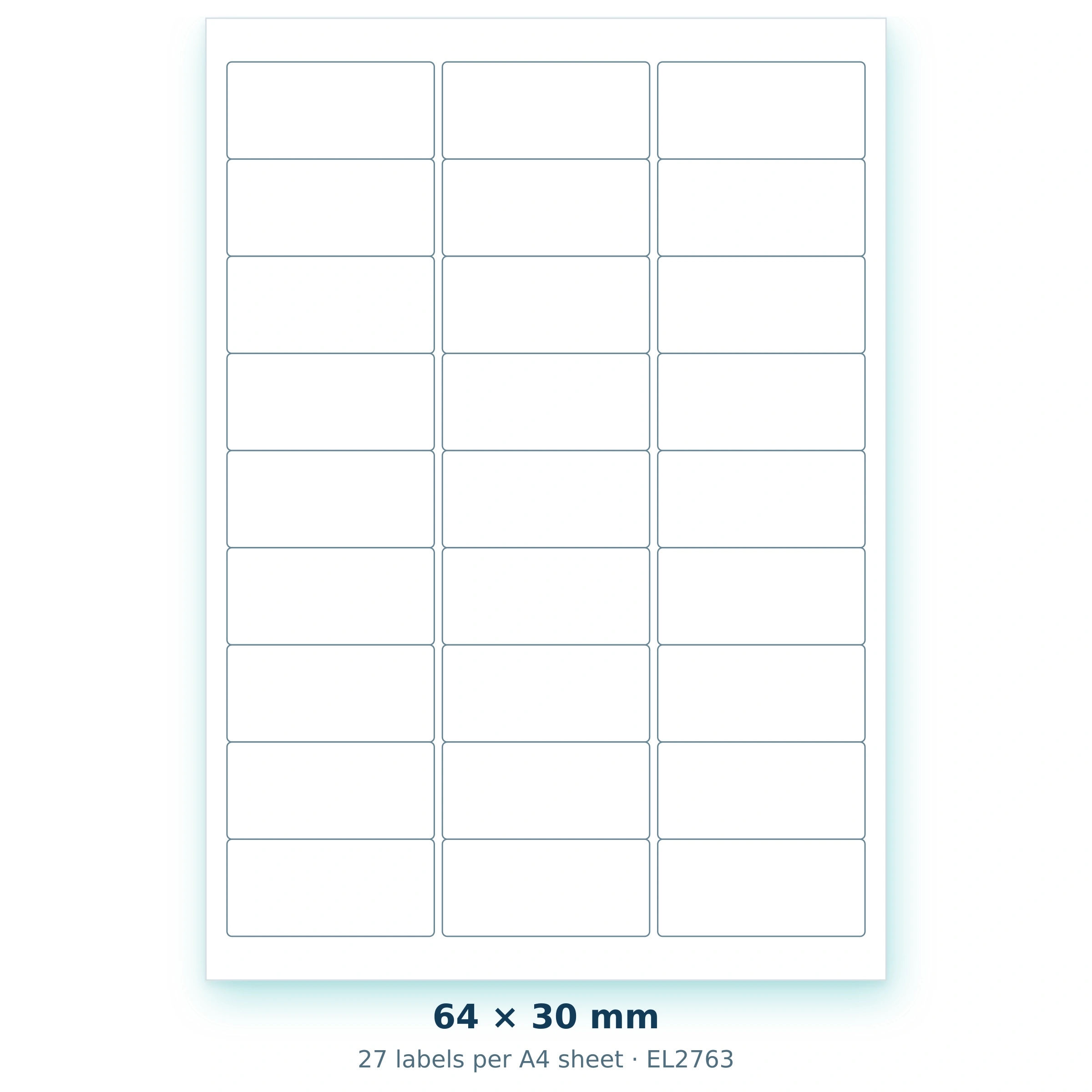 64 × 30 mm — 27 labels per A4 sheet