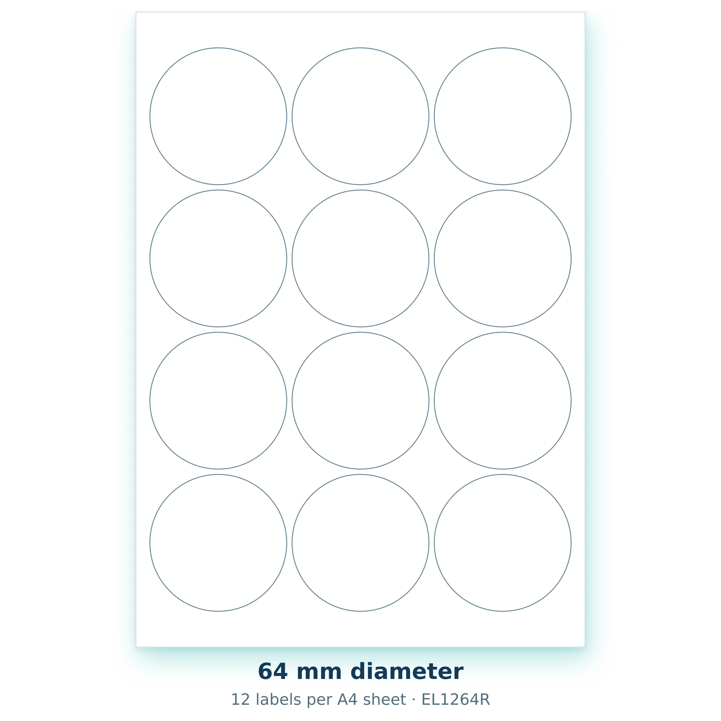 64 mm diameter — 12 labels per A4 sheet