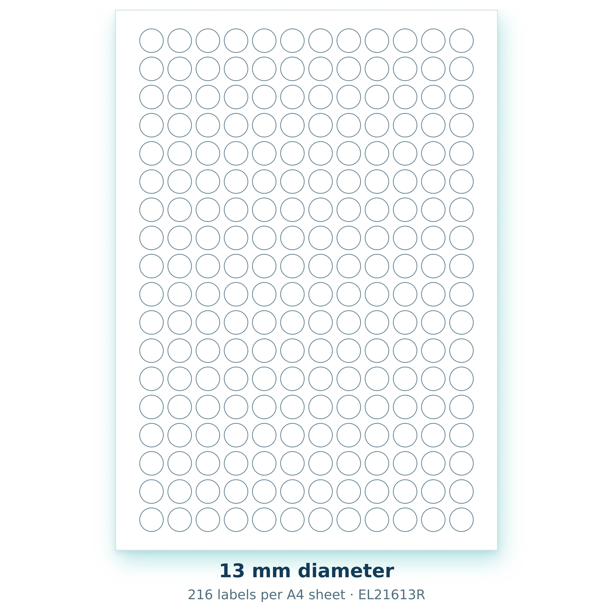 13 mm diameter — 216 labels per A4 sheet