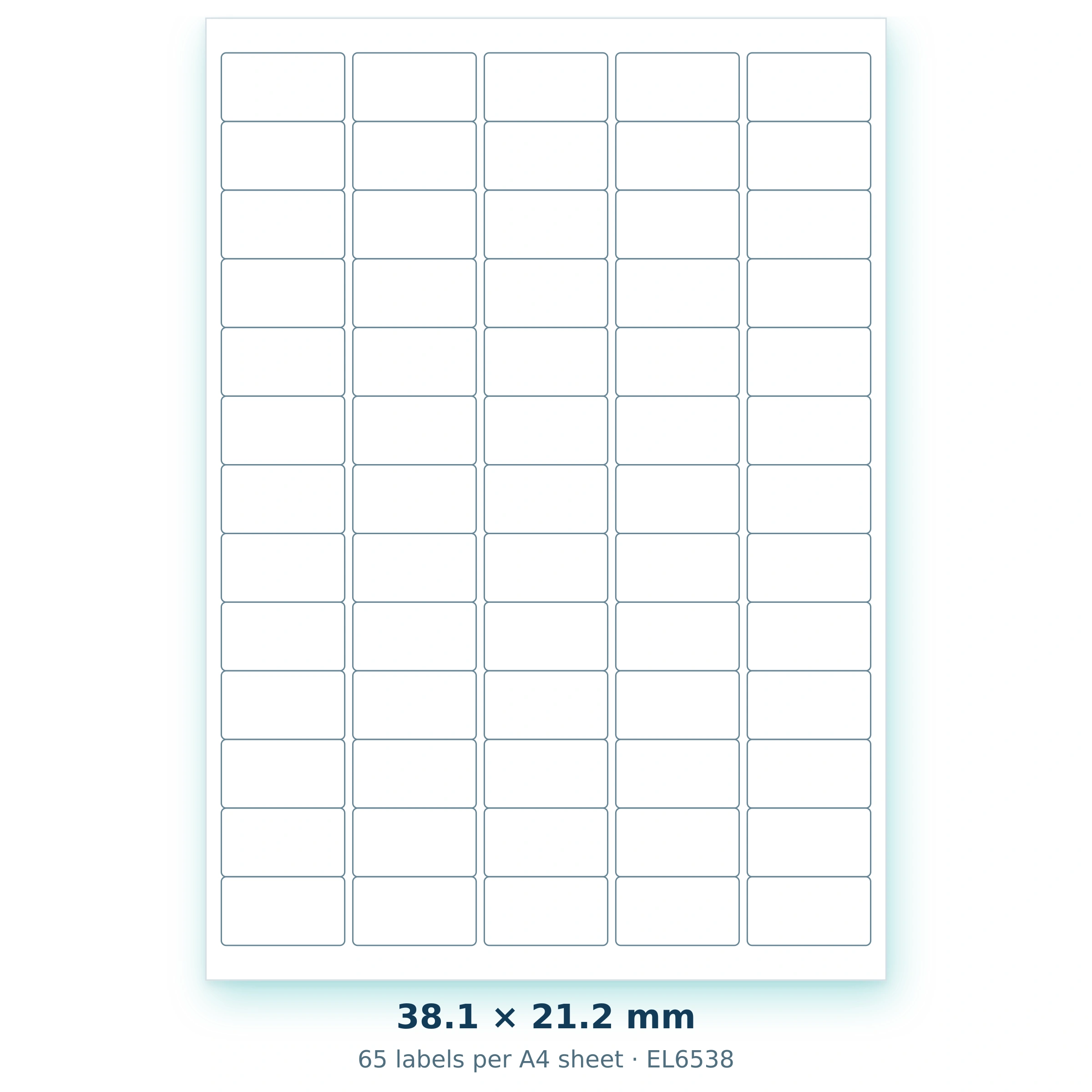 38.1 × 21.2 mm — 65 labels per A4 sheet