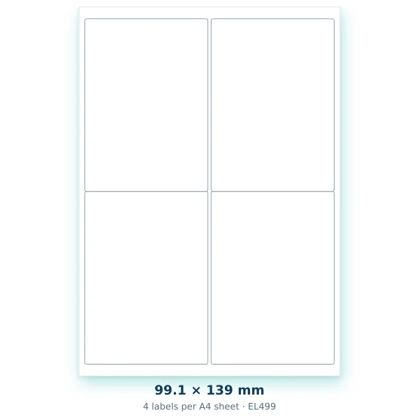 EvoLabels 99 × 139 mm · 4 labels per A4 sheet
