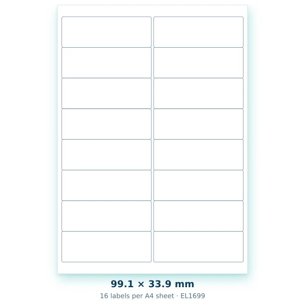 EvoLabels 99 × 34 mm · 16 labels per A4 sheet
