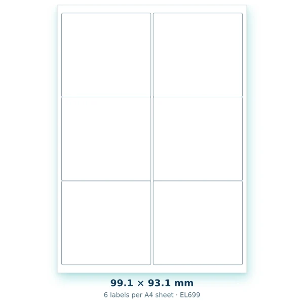 EvoLabels 99 × 93 mm · 6 labels per A4 sheet